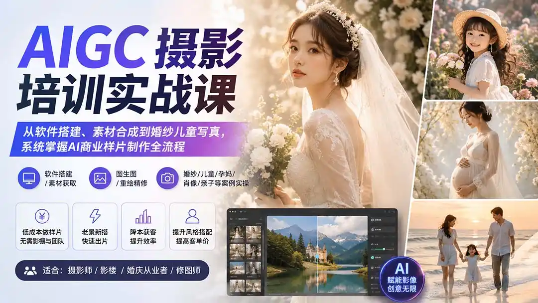 AIGC摄影培训实战课:从软件搭建、素材合成到婚纱儿童写真,系统掌握AI商业样片制作全流程