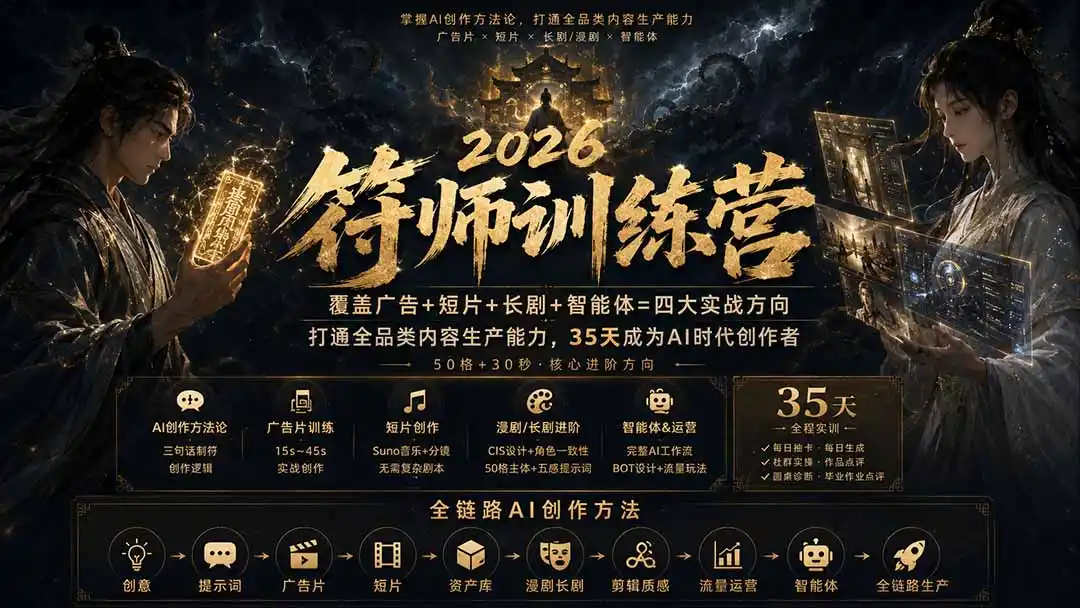 符师训练营-35天成为AI时代创作者,广告 短片 漫剧 智能体四大实战方向,掌握从创意到上线的完整工作流