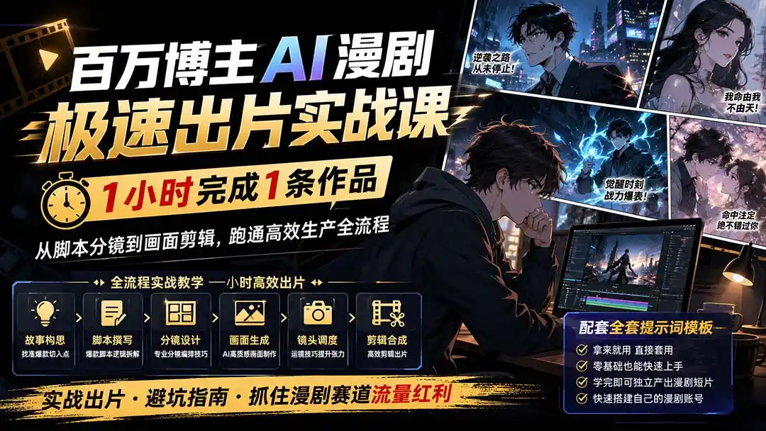 百万博主AI漫剧极速出片实战课:1小时产出条作品,从脚本分镜到画面剪辑,跑通高效生产全流程