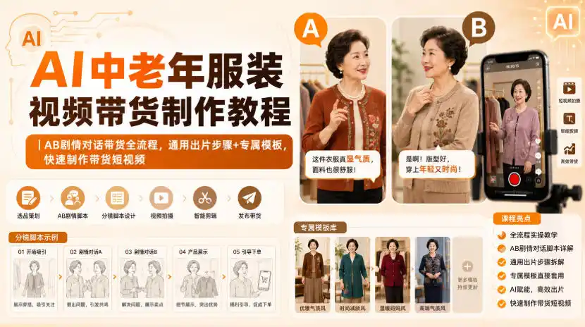 AI中老年服装视频带货制作教程｜AB剧情对话带货全流程，通用出片步骤 专属模板，快速制作带货短视频