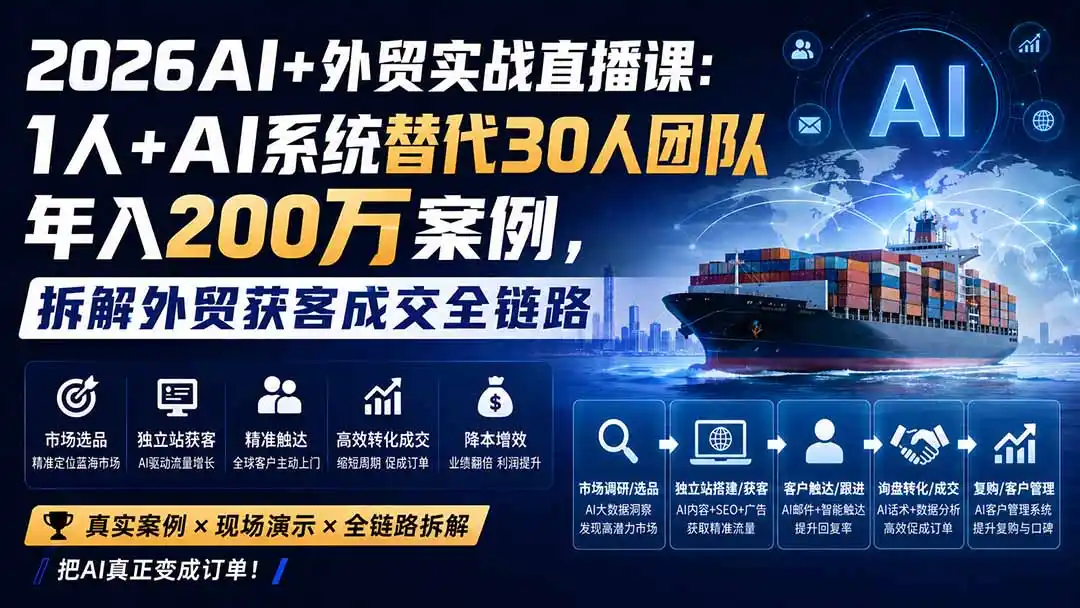 2026AI 外贸实战直播课:1人 AI系统替代30人团队年入200万案例,拆解外贸获客成交全链路