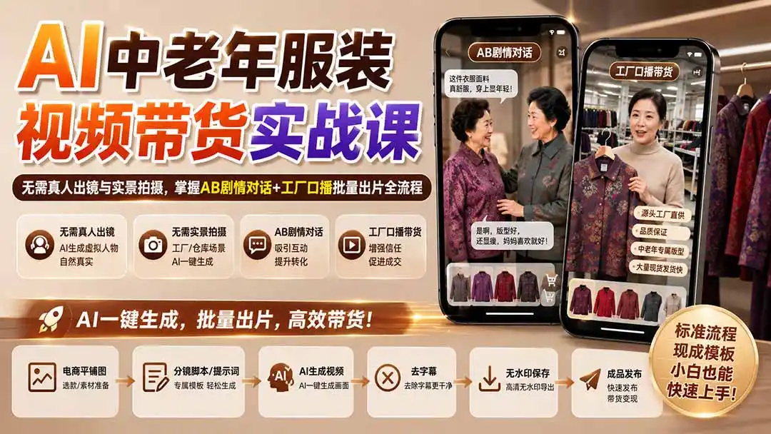 AI中老年服装视频带货实战课:无需真人出镜与实景拍摄,掌握AB剧情对话 工厂口播批量出片全流程