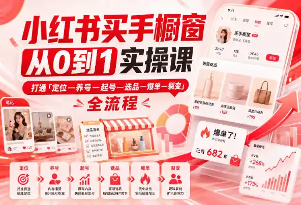 小红书买手橱窗从0到1实操课,打通「定位—养号—起号—选品—爆单—裂变」全流程