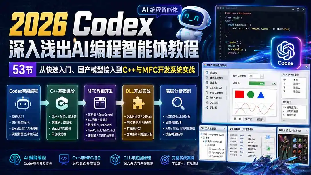 2026 Codex深入浅出AI编程智能体教程：53节从快速入门、国产模型接入到C  与MFC开发系统实战