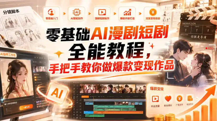 零基础AI漫剧短剧全能教程,从AI智能体搭建、文案脚本分镜、多平台AI生视频、剪映精修,覆盖全题材创作,手把手教你做爆款变现作品