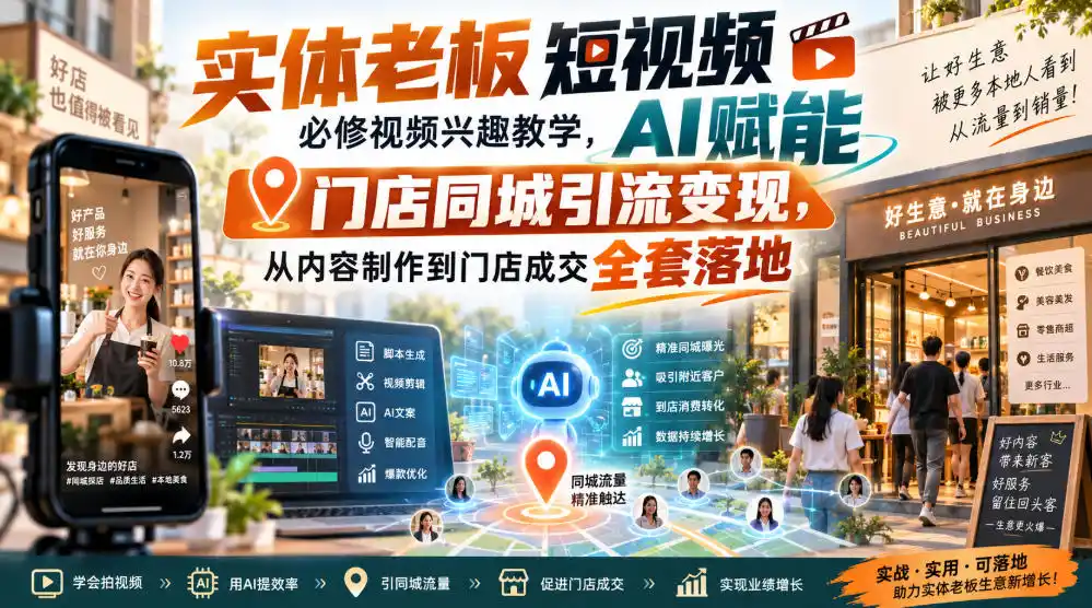 实体老板短视频必修视频兴趣教学,AI赋能门店同城引流变现,AI 短视频 直播打爆实体客流量