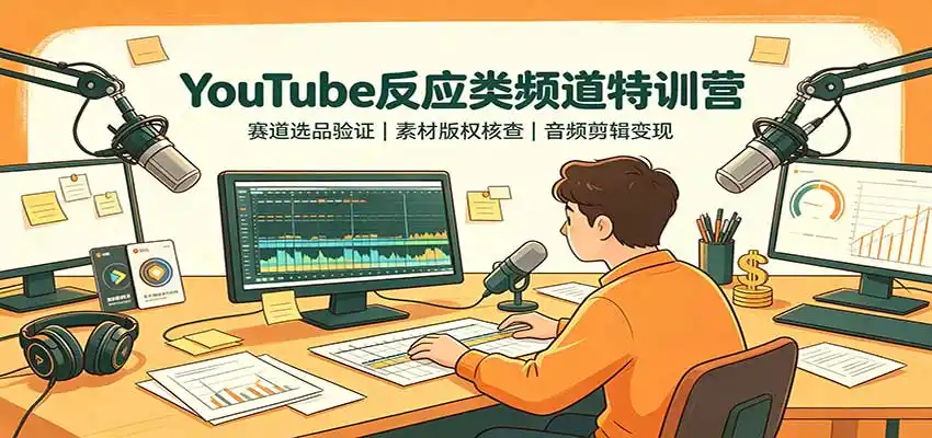 YouTube反应类频道特训营:赛道选品验证,素材版权核查,音频剪辑变现