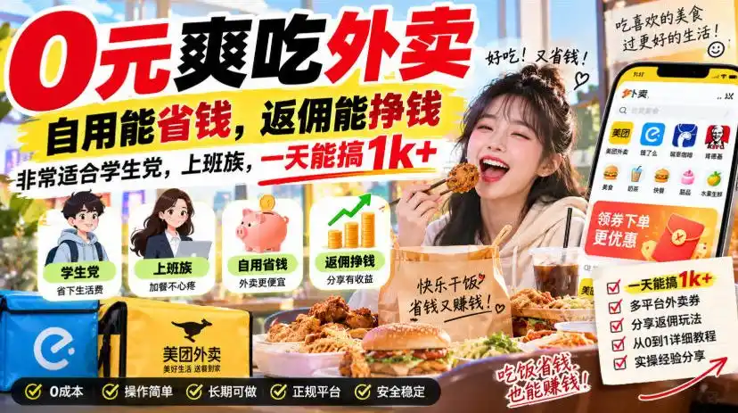 0元爽吃外卖,自用能省钱,返佣能挣钱,非常适合学生党,上班族,一天能搞1k