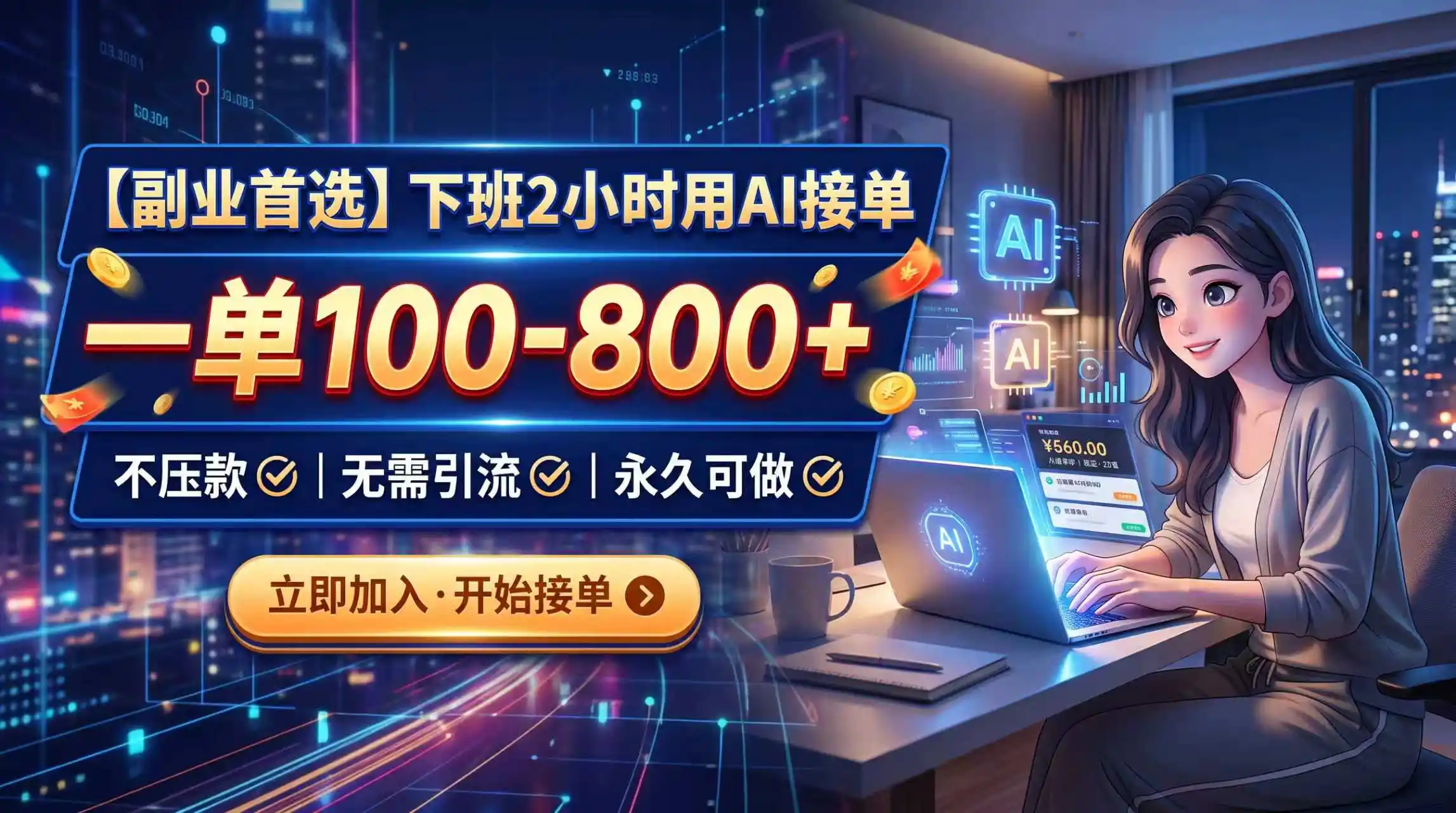下班2小时用AI接单,一单100-800 ,不压款,无需引流,永久可做