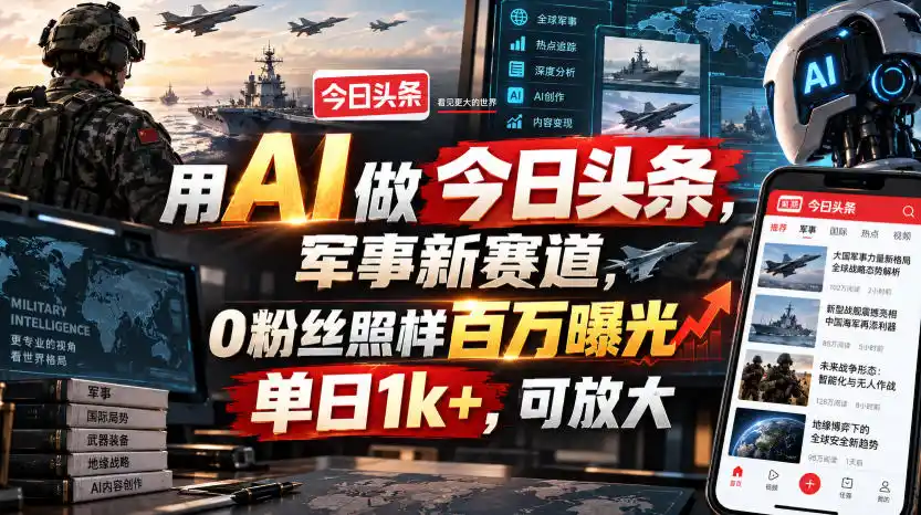用AI做今日头条,军事新赛道,0粉丝照样百万曝光,单日1k ,可放大