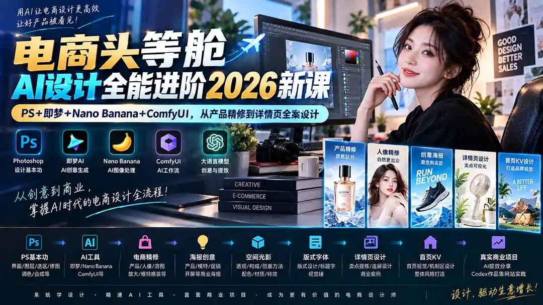 电商头等舱AI设计全能进阶2026新课:PS 即梦 Nano Banana ComfyUI,从产品精修到详情页全案设计