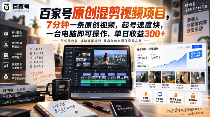 百家号原创混剪视频项目,7分钟一条原创视频,起号速度快,一台电脑即可操作,单日收益300