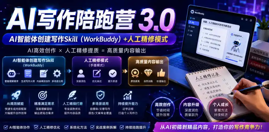 AI写作陪跑营3.0,Ai智能体创建写作skill(workbuddy) 人工手写模式(手搓模式),去除AI痕迹(头条号、公众号、百家号)(更新0907)