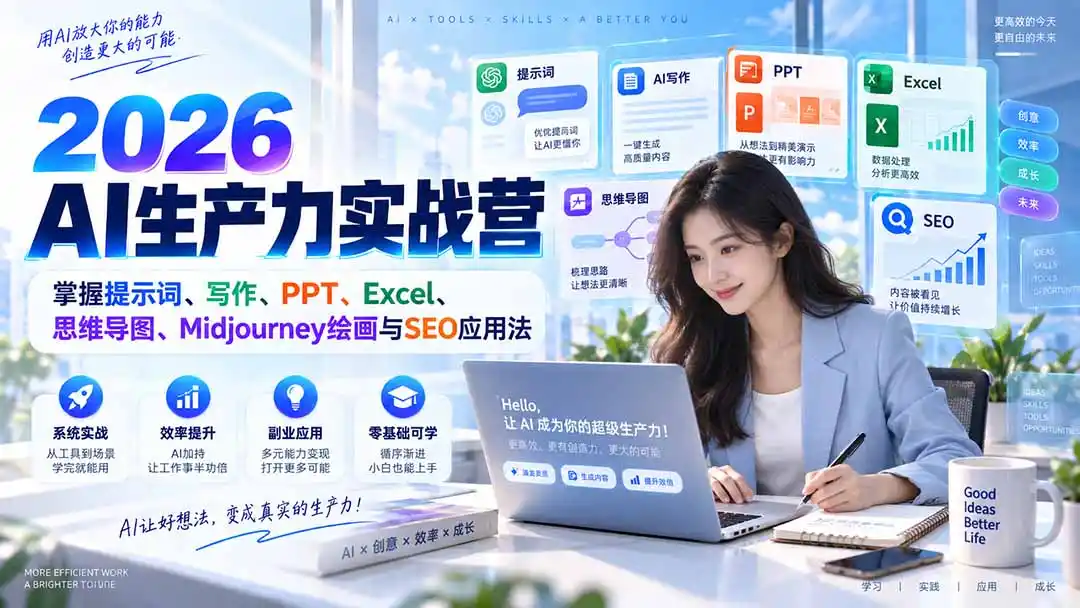 2026AI生产力实战营:掌握提示词、写作、PPT、Excel、思维导图、Midjourney绘画与SEO应用法