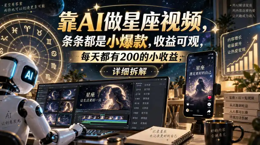 靠AI做星座视频，条条都是小爆款，收益可观，每天都有200的小收益，详细拆解