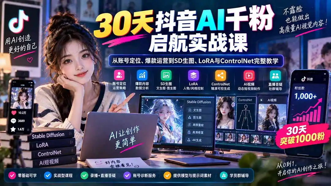 30天抖音AI千粉启航实战课:从账号定位、爆款运营到SD生图、LoRA与ControlNet完整教学