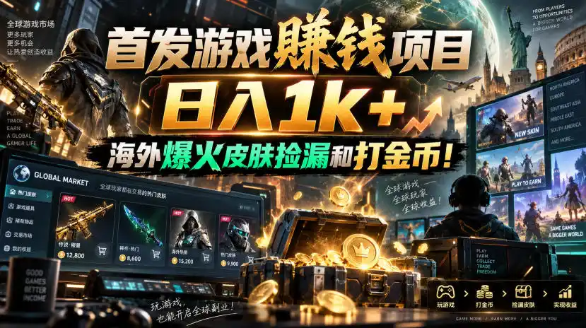 首发游戏賺钱项目，日入1k ，海外爆火皮肤捡漏和打金币！【揭秘】