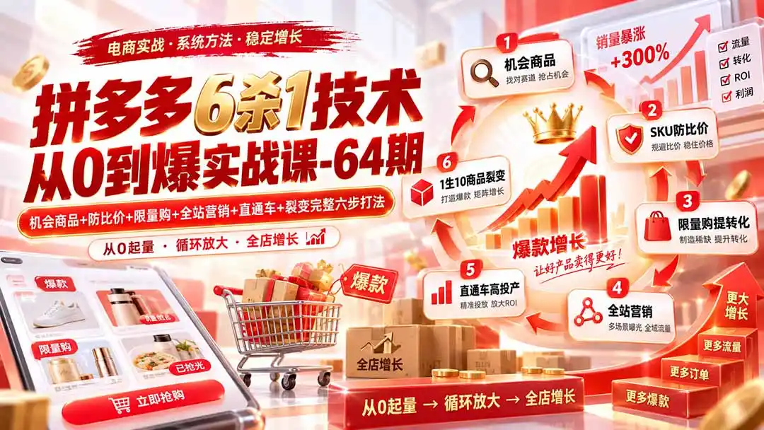 拼多多6杀1技术从0到爆实战课-64期：机会商品 防比价 限量购 全站营销 直通车 裂变完整六步打法