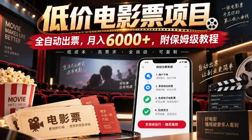 低价电影票项目，全自动出票，月入6000 ，附保姆级教程【揭秘】