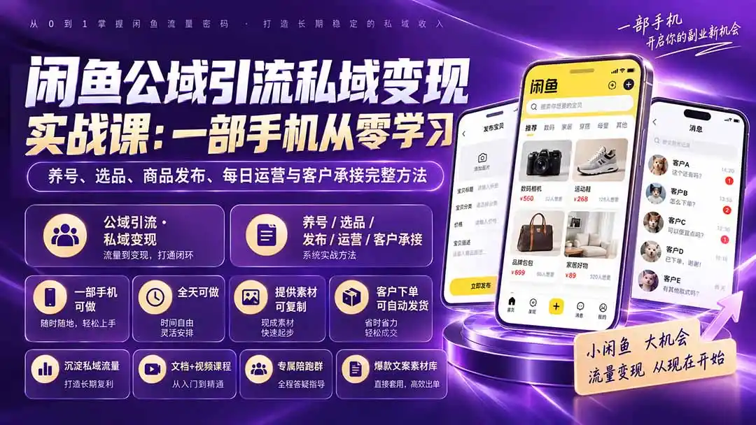 闲鱼公域引流私域变现实战课:一部手机从零学习养号、选品、商品发布、每日运营与客户承接完整方法