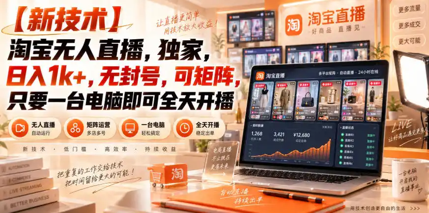【独家新技术】淘宝无人直播，日入1k ，无封号，可矩阵，只要一台电脑即可全天开播【揭秘】