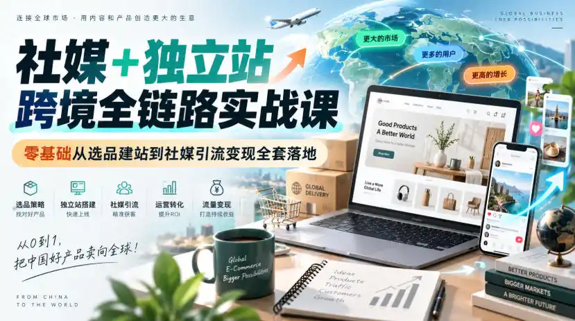 社媒 独立站跨境全链路实战课｜零基础从选品建站到社媒引流变现全套落地