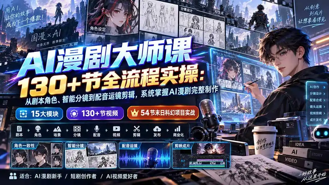 AI漫剧大师课130 节全流程实操:从剧本角色、智能分镜到配音运镜剪辑,系统掌握AI漫剧完整制作