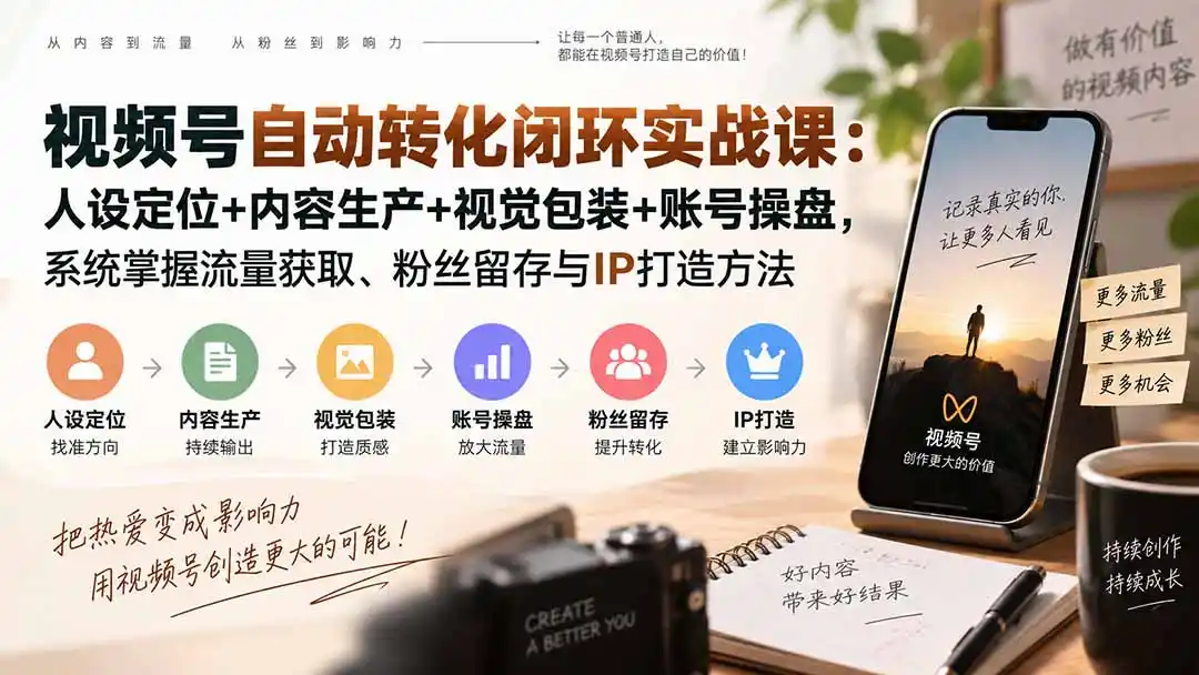 视频号自动转化闭环实战课:人设定位 内容生产 视觉包装 账号操盘,系统掌握流量获取、粉丝留存与IP打造方法