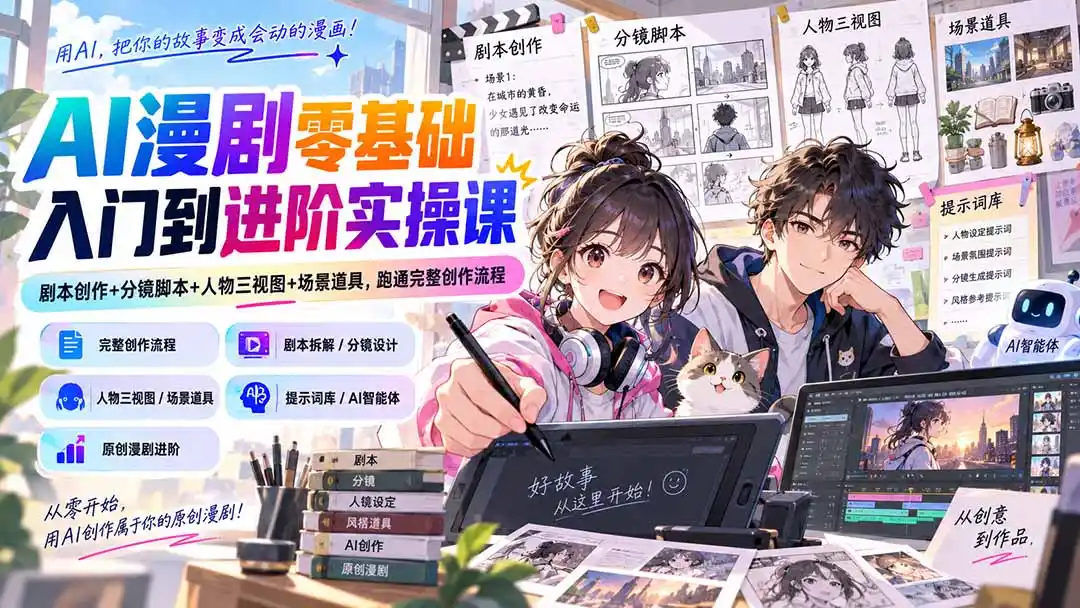 AI漫剧零基础入门到进阶实操课：剧本创作 分镜脚本 人物三视图 场景道具，跑通完整创作流程