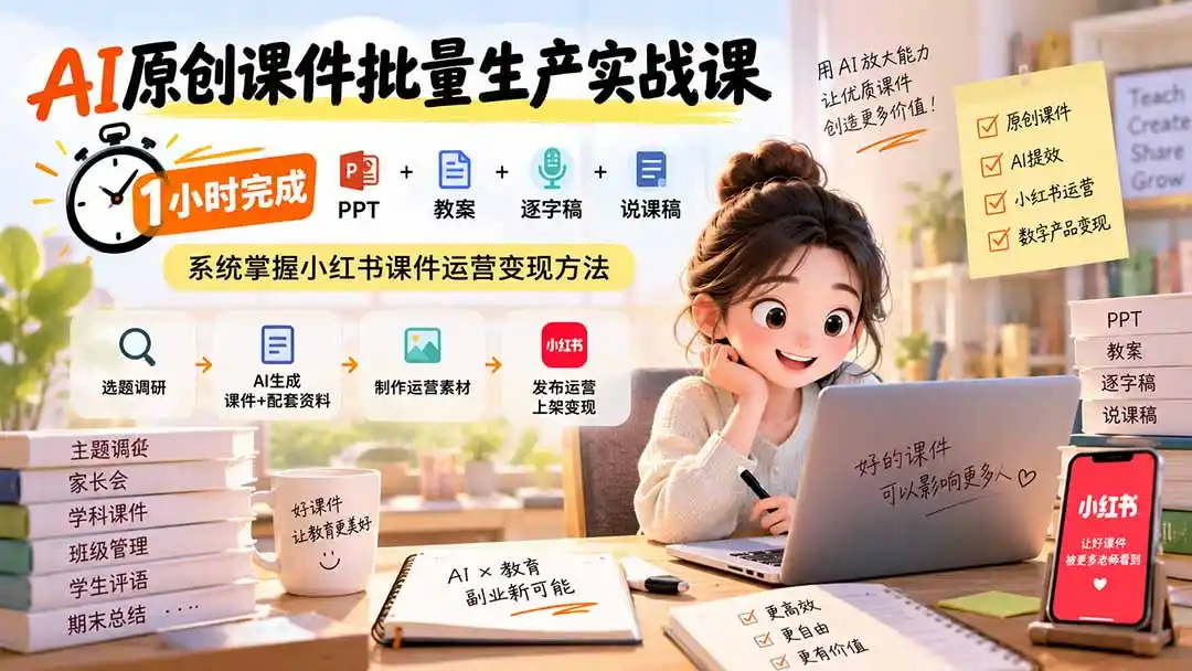 AI原创课件批量生产实战课：1小时完成PPT 教案 逐字稿 说课稿，系统掌握小红书课件运营变现方法