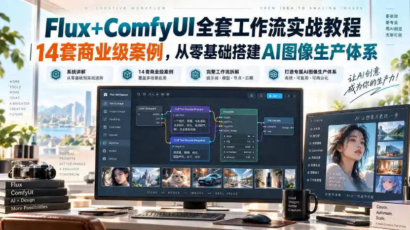 Flux ComfyUI全套工作流实战教程｜14套商业级案例，从零基础搭建AI图像生产体系