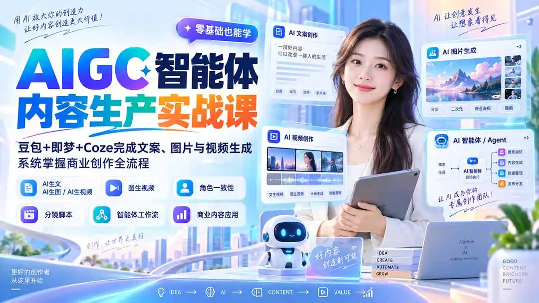 AIGC智能体内容生产实战课：豆包 即梦 Coze完成文案、图片与视频生成，系统掌握商业创作全流程