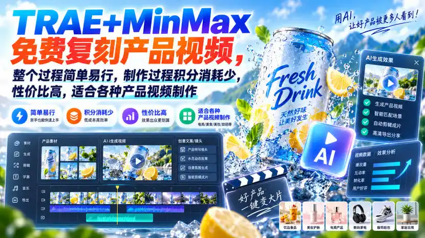 TRAE MinMax免费复刻产品视频，整个过程简单易行，制作过程积分消耗少，性价比高，适合各种产品视频制作