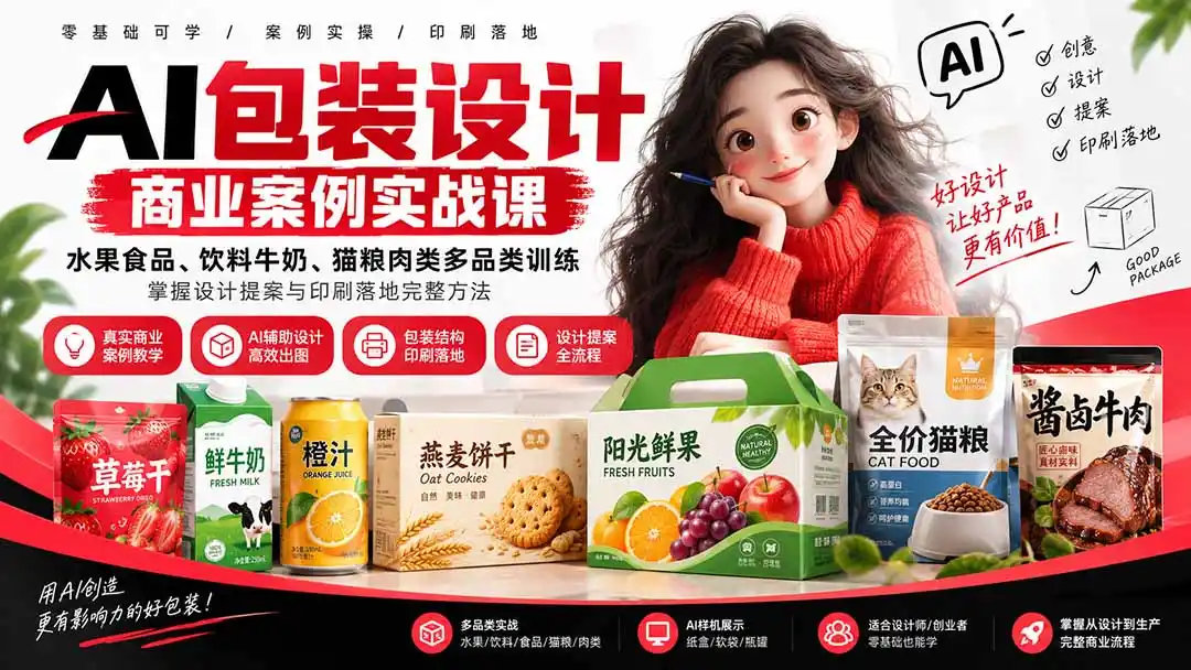 AI包装设计商业案例实战课:水果食品、饮料牛奶、猫粮肉类多品类训练,掌握设计提案与印刷落地完整方法