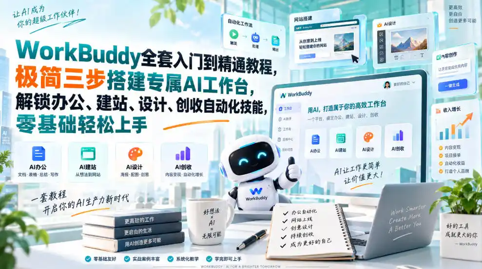 WorkBuddy全套入门到精通教程，极简三步搭建专属AI工作台，解锁办公、建站、设计、创收自动化技能，零基础轻松上手