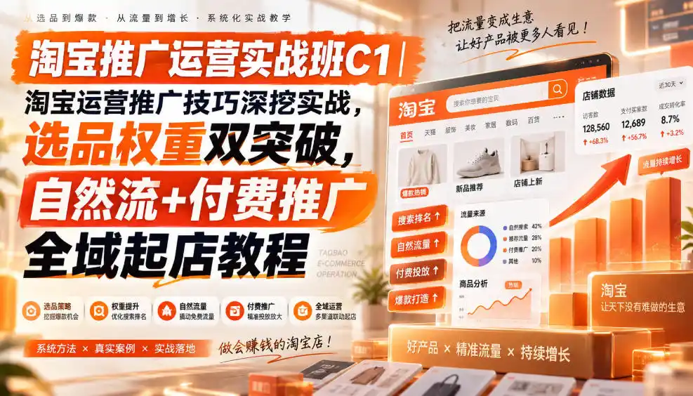 淘宝推广运营实战班C1|淘宝运营推广技巧深挖实战,选品权重双突破,自然流 付费推广全域起店教程
