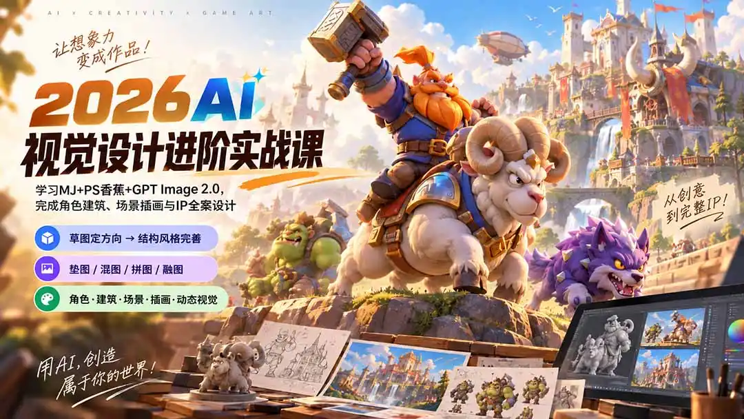 2026AI视觉设计进阶实战课-更新:学习MJ PS香蕉 GPT Image 2.0,完成角色建筑、场景插画与IP全案设计