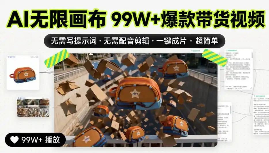 AI无限画布99W 爆款带货视频,无需写提示词·无需配音剪辑·一键成片·超简单