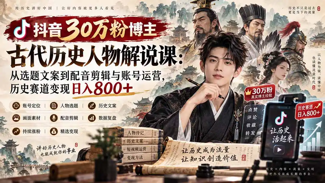 抖音30万粉博主古代历史人物解说课:从选题文案到配音剪辑与账号运营,历史赛道变现日入800