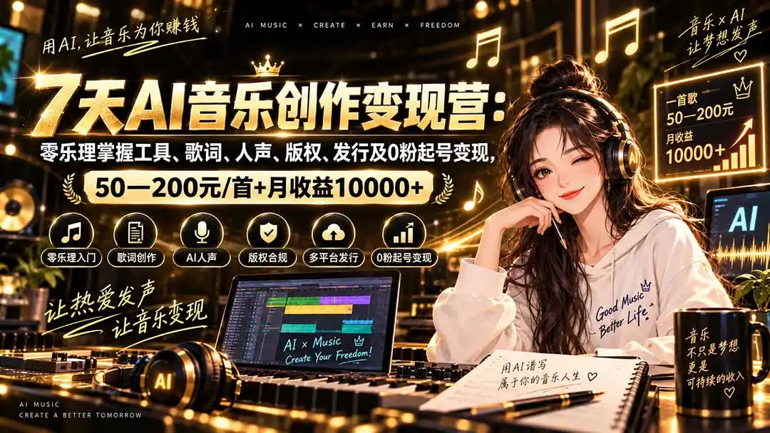 AI音乐创作变现营:零乐理掌握工具、歌词、人声、版权、发行及0粉起号变现,50—200元/首 月收益10000