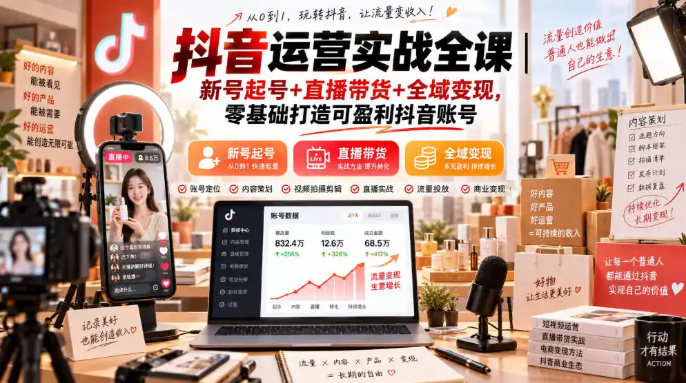 抖音运营实战全课｜新号起号 直播带货 全域变现，零基础打造可盈利抖音账号
