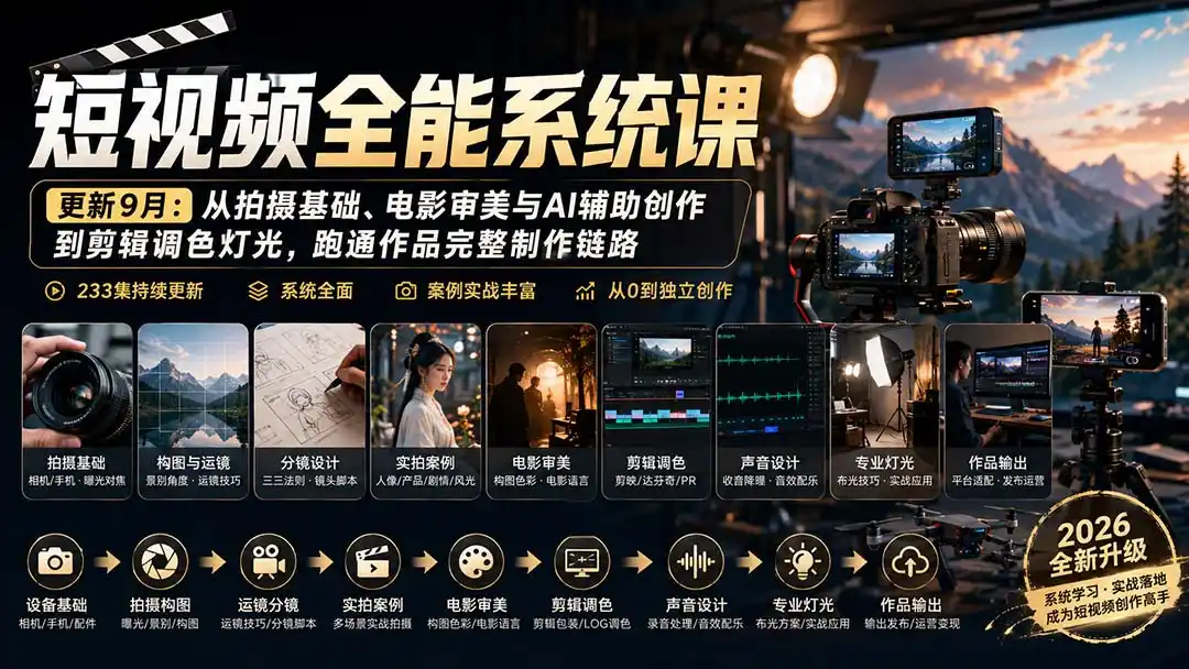 短视频全能系统课-9月完整版:从拍摄基础、电影审美与AI辅助创作到剪辑调色灯光,跑通作品完整制作链路
