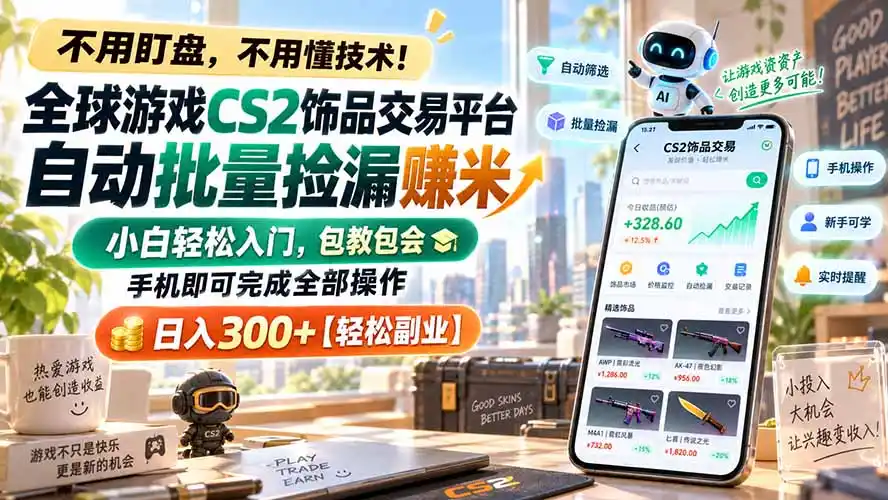 全球游戏CS2饰品交易平台自动批量捡漏赚米,小白轻松入门,包教包会,手机即可完成全部操作,日入300 【轻松副业】