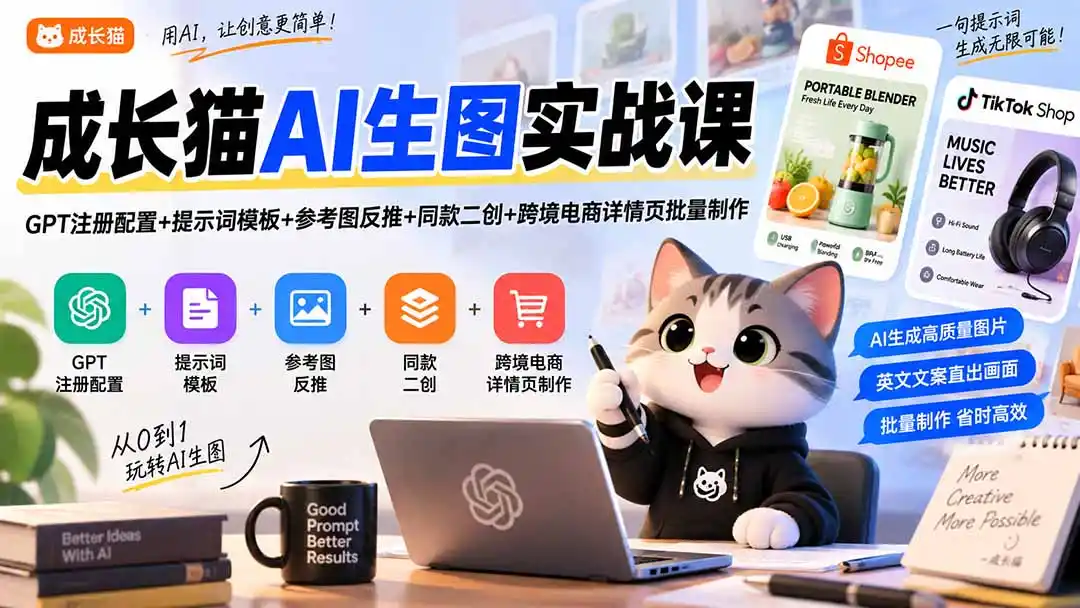成长猫AI生图实战课|GPT注册配置 提示词模板 参考图反推 同款二创 跨境电商详情页批量制作