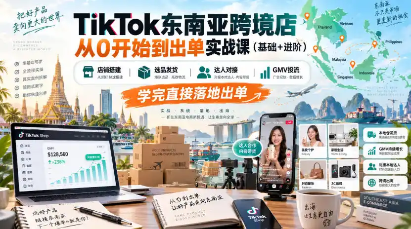 TikTok东南亚跨境店从0开始到出单实战课(基础 进阶),店铺搭建、选品发货、达人对接、GMV投流,学完直接落地出单