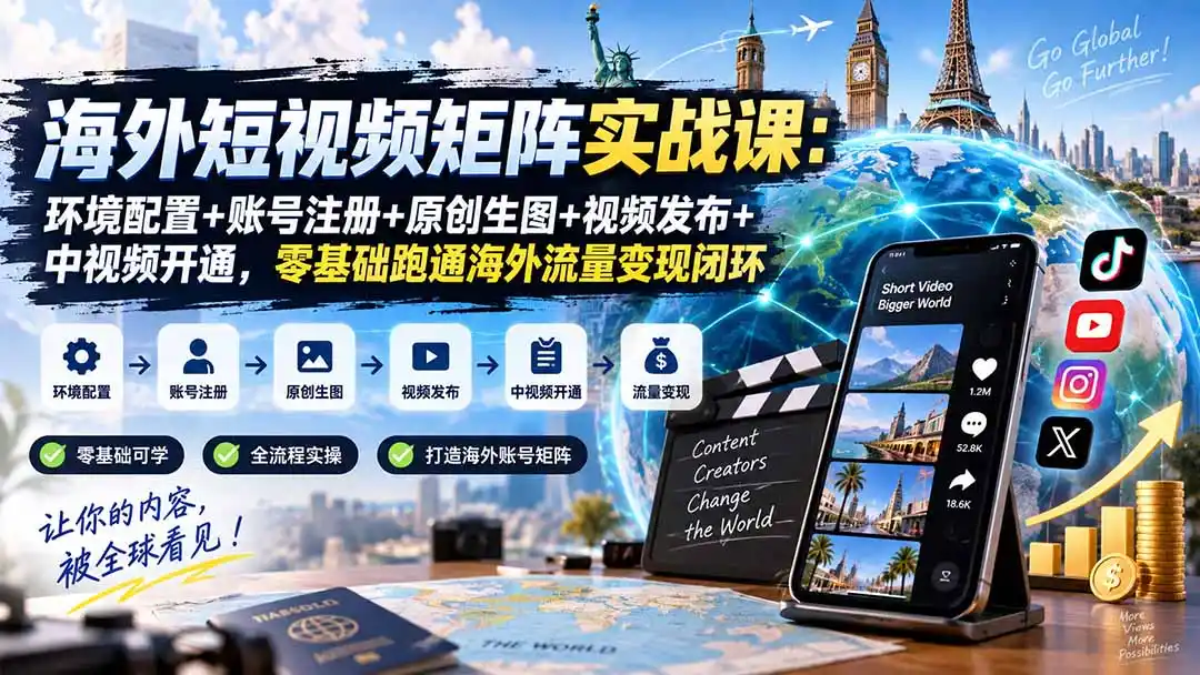 海外短视频矩阵实战课:环境配置 账号注册 原创生图 视频发布 中视频开通,零基础跑通海外流量变现闭环