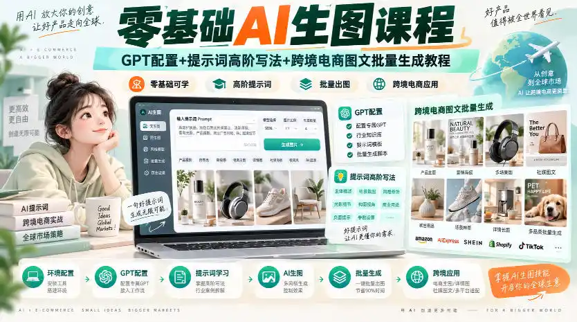 零基础AI生图课程,GPT配置 提示词高阶写法 跨境电商图文批量生成教程