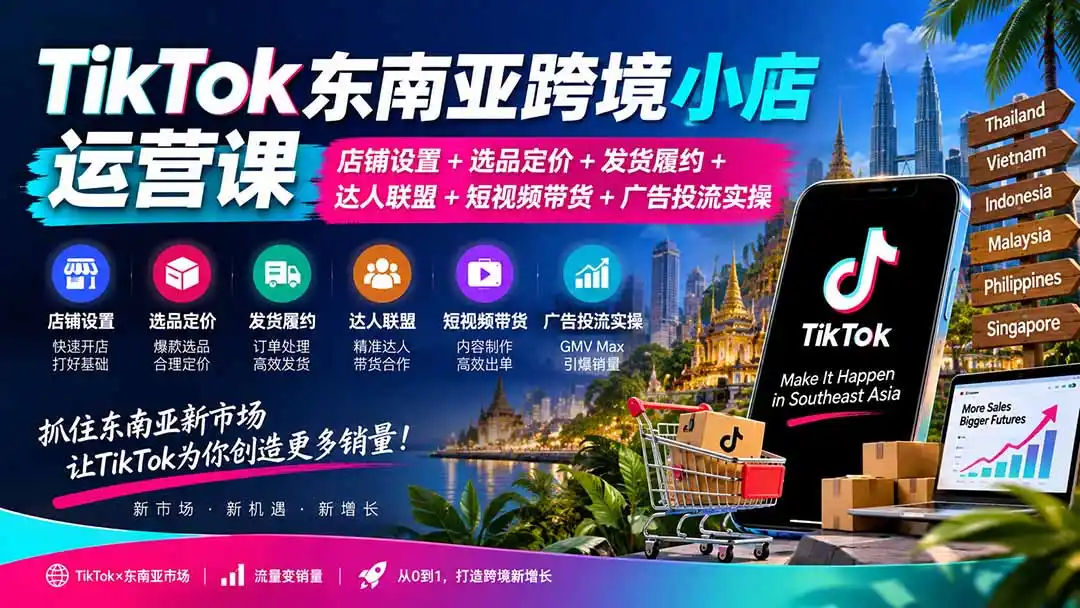 TikTok东南亚跨境小店运营课:店铺设置 选品定价 发货履约 达人联盟 短视频带货 广告投流实操