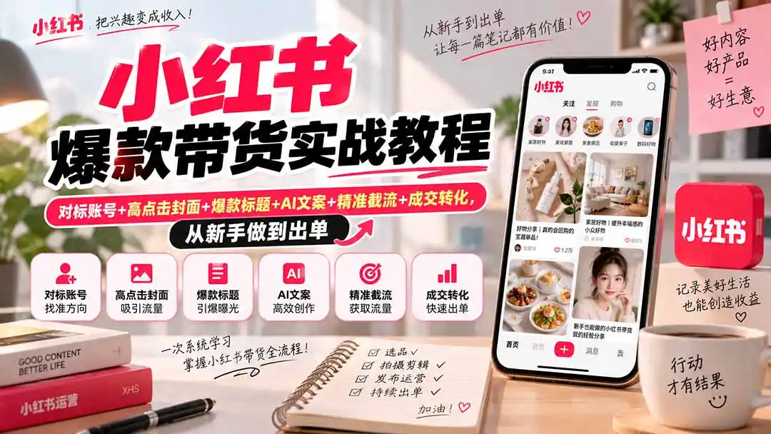 小红书爆款带货实战教程|对标账号 高点击封面 爆款标题 AI文案 精准截流 成交转化,从新手做到出单