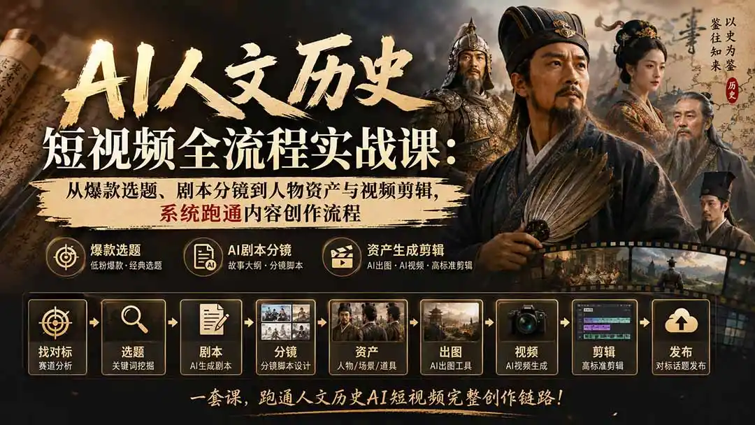AI人文历史短视频全流程实战课-更新:从爆款选题、剧本分镜到人物资产与视频剪辑,系统跑通内容创作流程